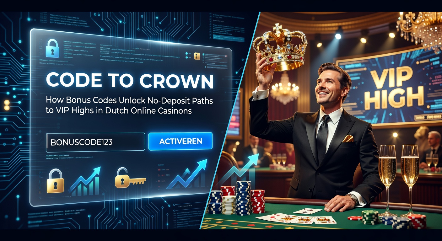 Afbeelding van een gouden bonuscode die een kroon onthult, symboliserend de weg van no-deposit bonus naar VIP-status in een casino-omgeving