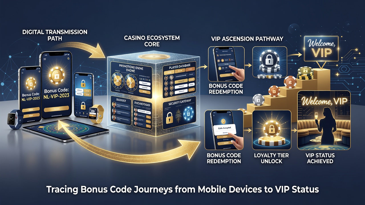 Diagram van bonuscode traject met mobiele invoer en VIP escalatie in Nederlandse ecosystemen
