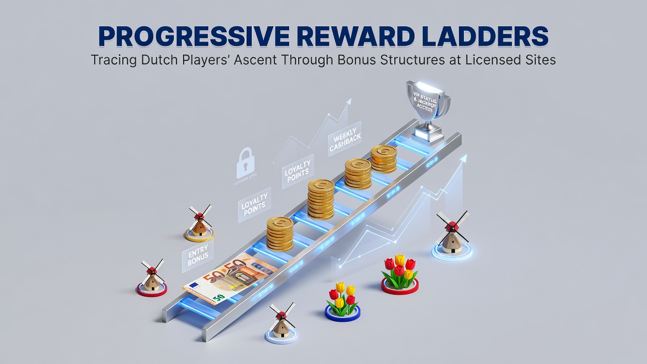 Illustratie van progressieve beloningsladders met Nederlandse spelers die bonusniveaus beklimmen bij gelicentieerde casino's
