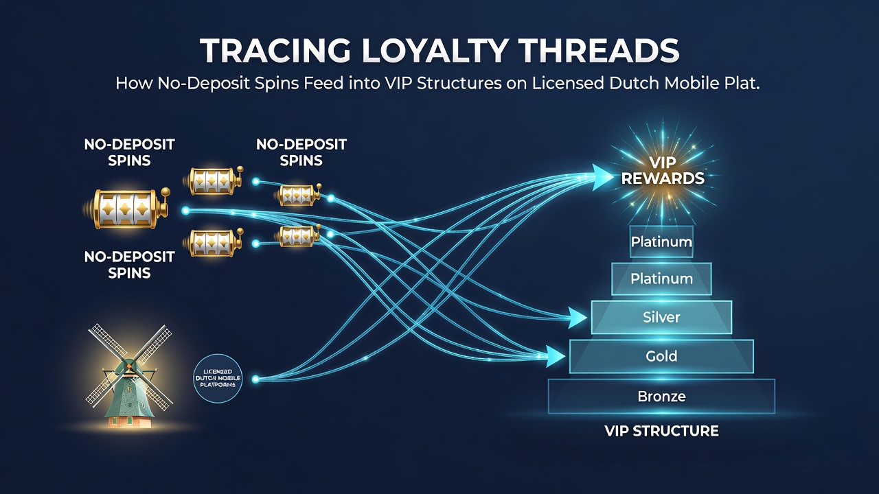 Diagram van loyaliteitsstroom van no-deposit spins naar VIP-niveaus op mobiele apparaten