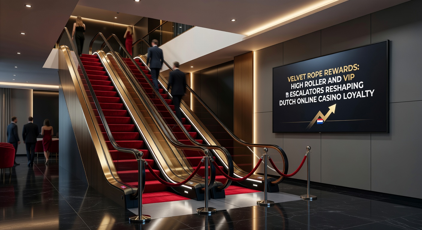 Grafiek met tiered VIP-escalators en beloningenpiramide voor high rollers in Nederlandse online casinos, met iconen voor cashback en exclusieve perks